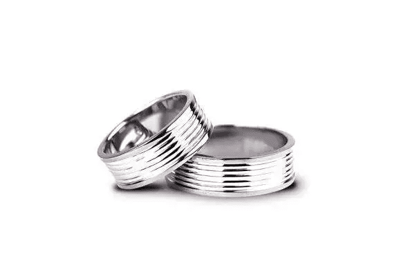 Pereche verighete aur alb cu design mokume gane, tehnica japoneză